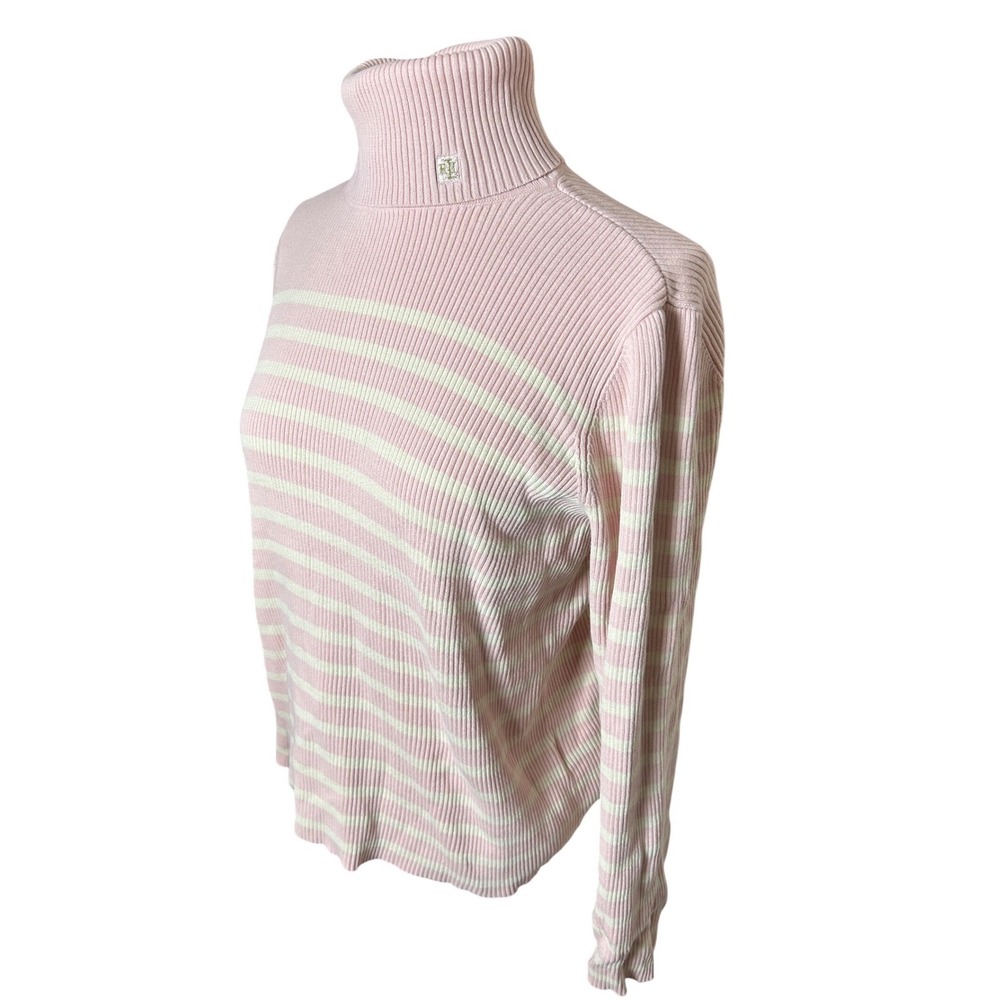 VTG Lauren Ralph Lauren Pink White Striped Ribbed Turtleneck Sweater Womens L